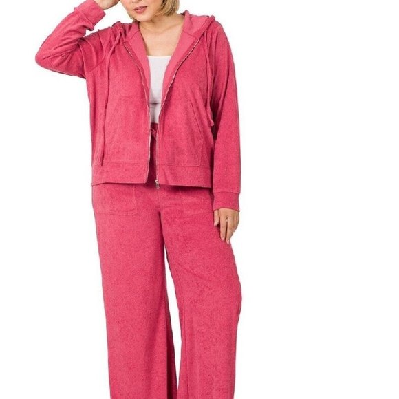 Zenana Plus Size Set Sweatpants Hoodie Full Zip Jacket Loop Terry Rose 1X 2X 3X - Picture 1 of 5